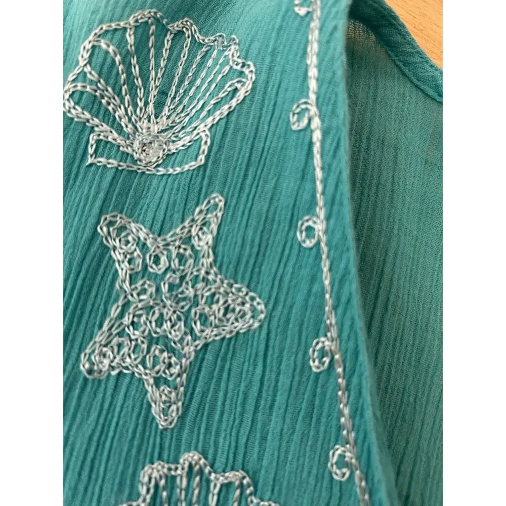 Sea Shells Embroidered coverup tunic V Neck Sea Teal Green Casual Beach Boho XL